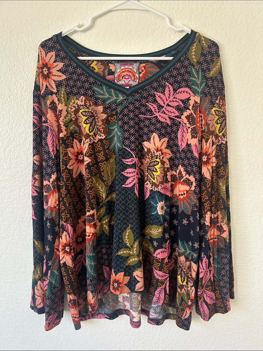 Johnny Was Black Floral V-Neck Tunic with Pink, Green & Coral Accents